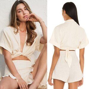 NWT Just Bee Queen Short Sleeves Linen Chiara Cropped Top Vanilla Size: Medium
